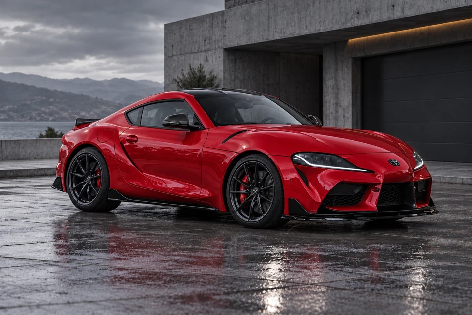 Rote Toyota GR Supra mit schwarzem Dach, schwarzem Maxton-Bodykit und Ducktail sowie Carbonspiegeln, nach rechts ausgerichtet