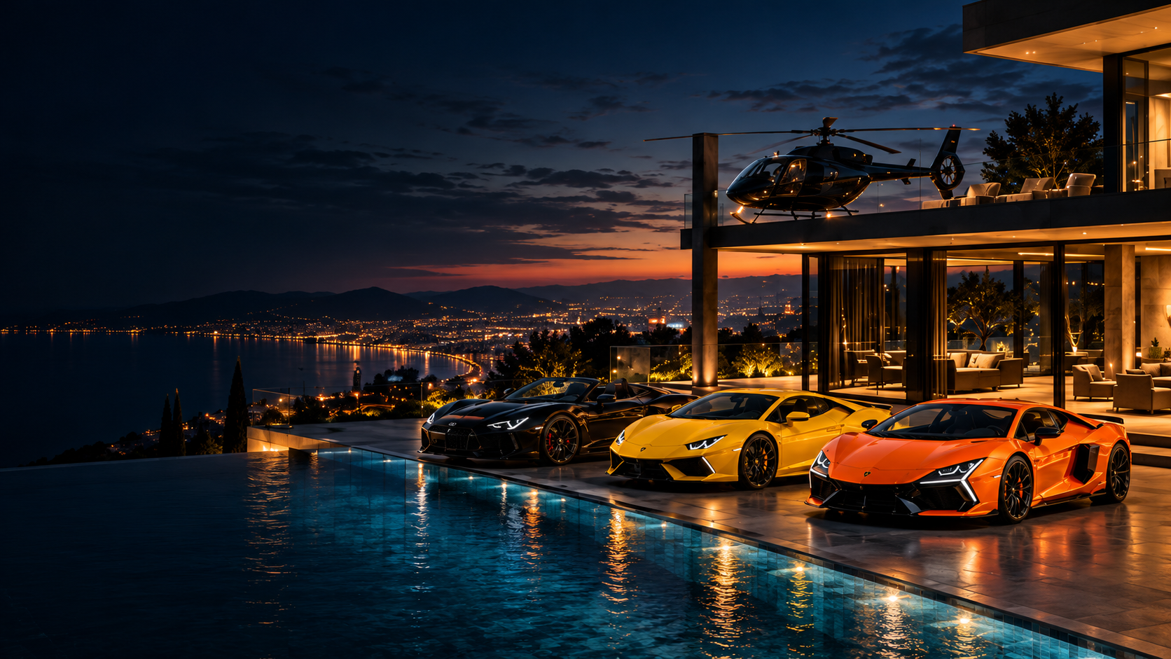 Exklusive Villa mit Hubschrauber, Infinity-Pool und Audi R8 Spyder, gelbem Lamborghini Huracán EVO sowie orangefarbenem Lamborghini Revuelto